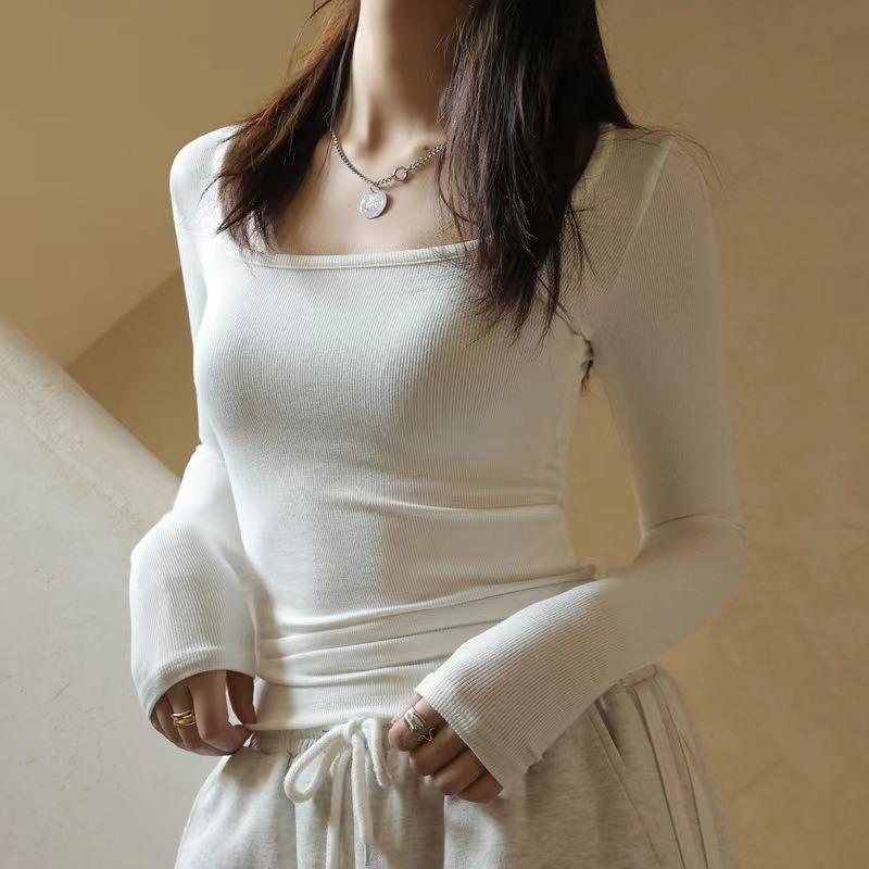 Shirt Square Neck Ribbed Fabric Autumn Bottom Shirt Black Low Neck Women's Shirt Striped Splicing