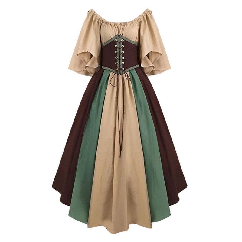 European and American Medieval Retro Color-Blocking Patchwork Dress with Flying Sleeves, Tie-Waist, and Large Hem, Performance Dress Factory