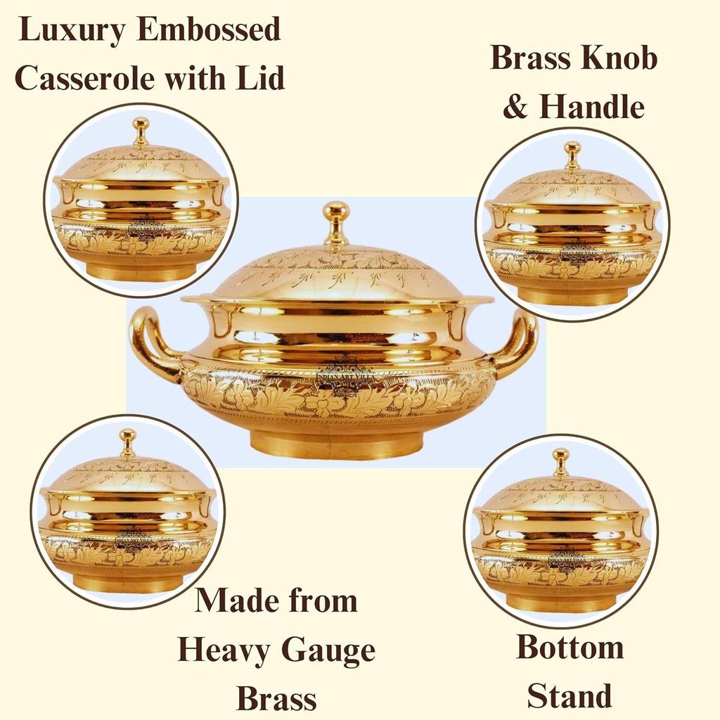 Brass Mughlai Embossed Design Casserole With Lid For Decoration Tableware, Home, Hotel, Restaurant (1200 Ml)