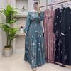 Women Long Sleeve Pleated Maxi Dress Butterfly Print Belted A Line Casual Elegant Dress