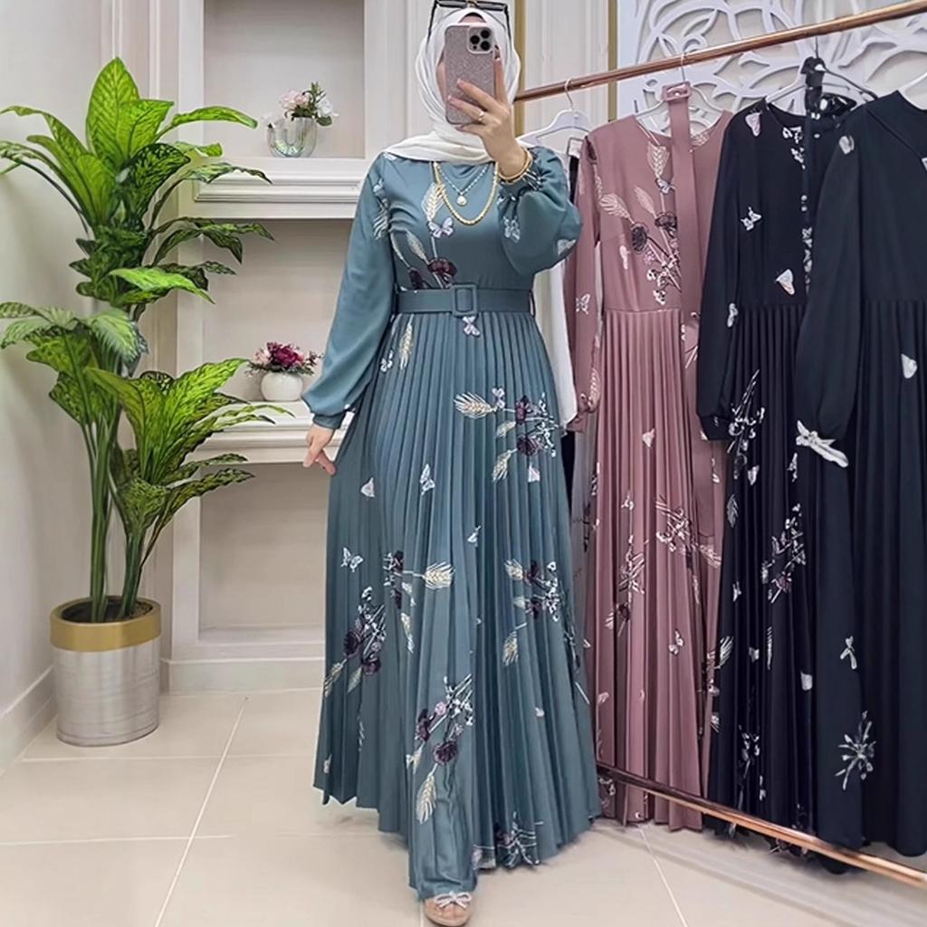 Women Long Sleeve Pleated Maxi Dress Butterfly Print Belted A Line Casual Elegant Dress