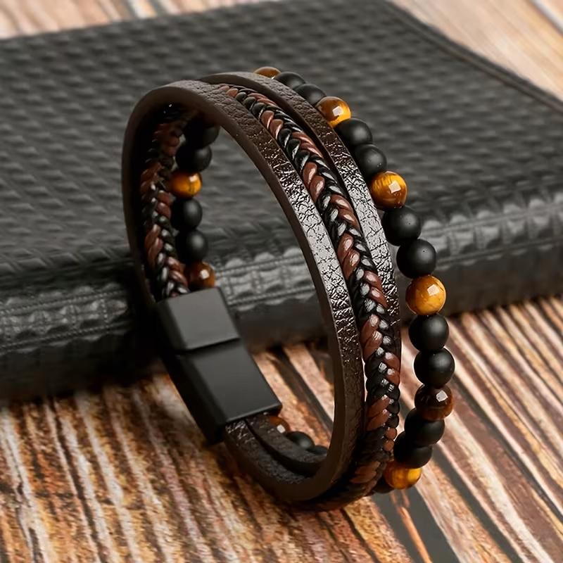 Men' Leather Bracelet with Beads, Bead Bracelet, Brown Titanium