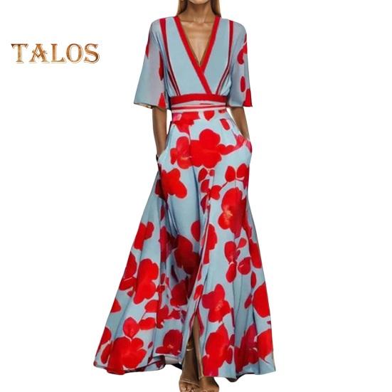 

Женское платье макси с цветочным принтом в стиле бохо, повседневное платье миди с коротким рукавом и V-образным вырезом, женское летнее пляжное длинное платье А-силуэта M красный