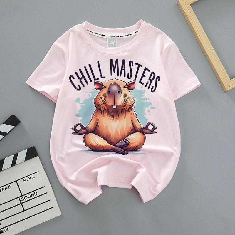 Capybara Summer Childrens Wear Shortsleeved Capybara Cute Childrens Roundneck Pink Trendy Brand Breathable Tshirt
