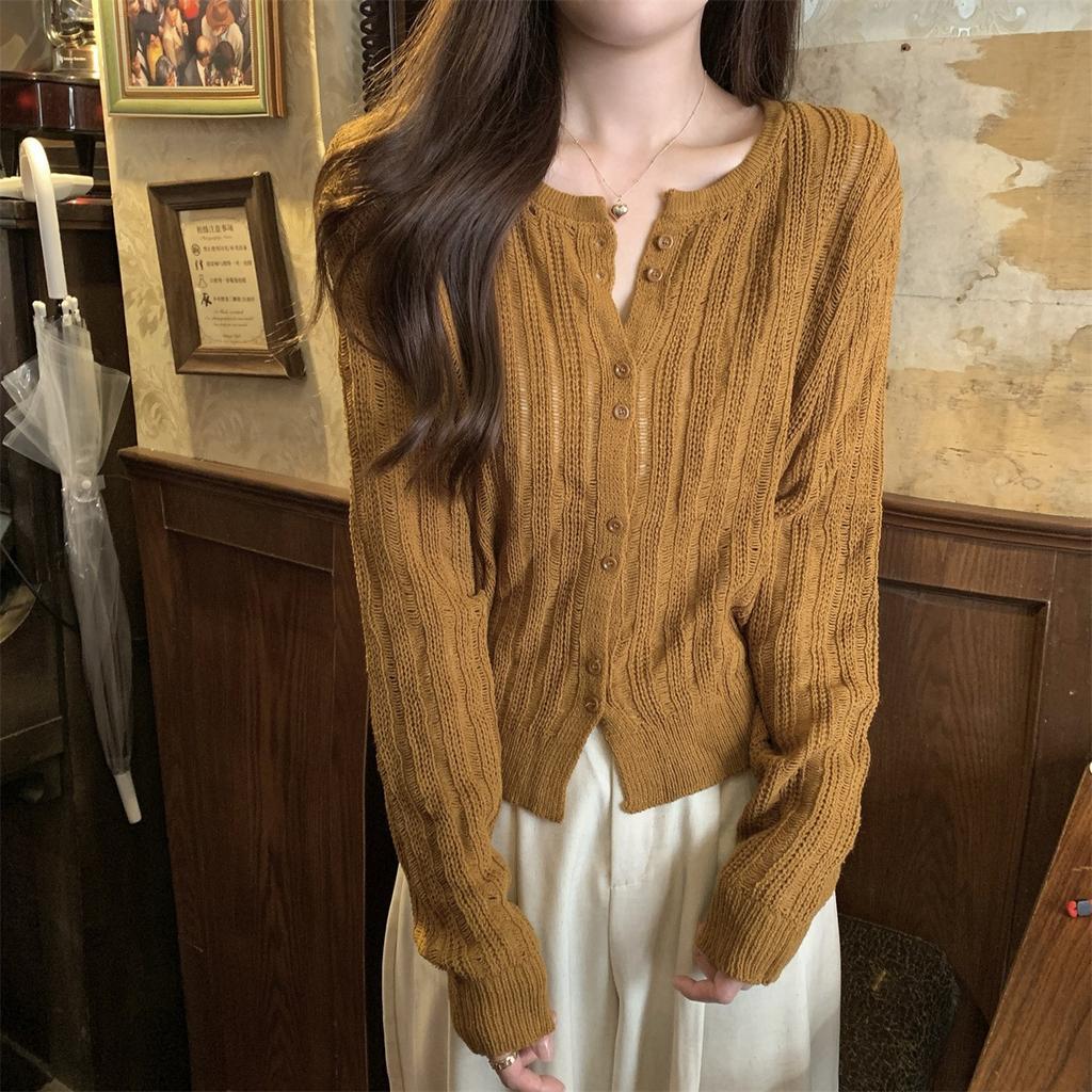 Women Designer Spring Fall Cardigan Slit Button Detail Knit Top Long Sleeve Sun Protection Shirt
