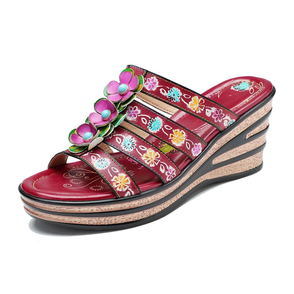 

Сандалии из натуральной кожи на толстой подошве, женские шлепанцы на танкетке в стиле ретро, ​​удобные уличные тапочки на платформе 42