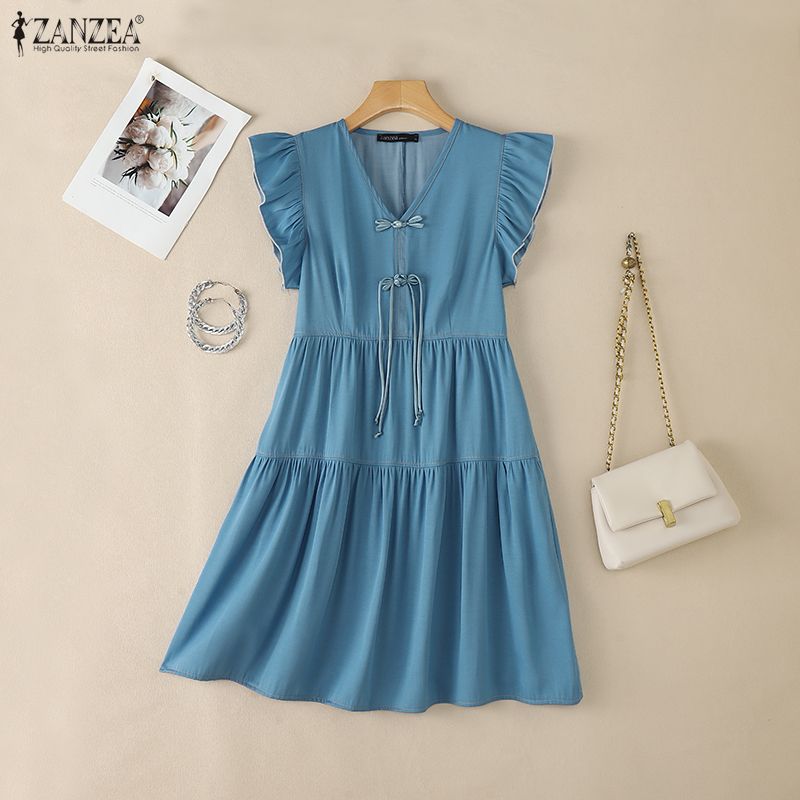 ZANZEA Women Elegant V-Neck Casual Ruffles Short Sleeve Summer Dress