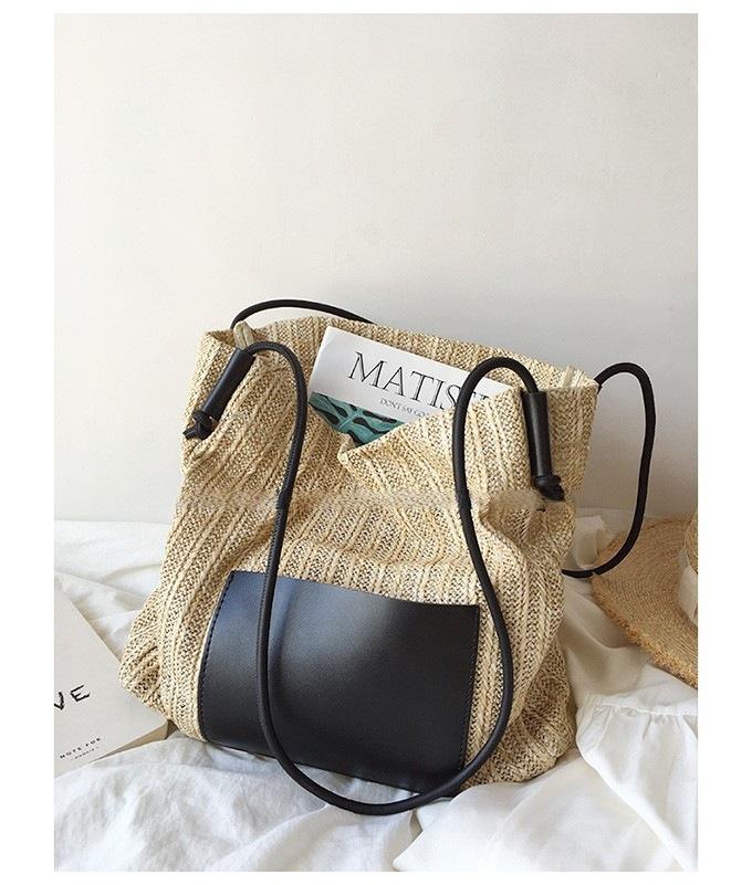 ins retro woven tote bag vacation style straw bag shoulder bag large capacity shopping bag beach bag mother and child bag