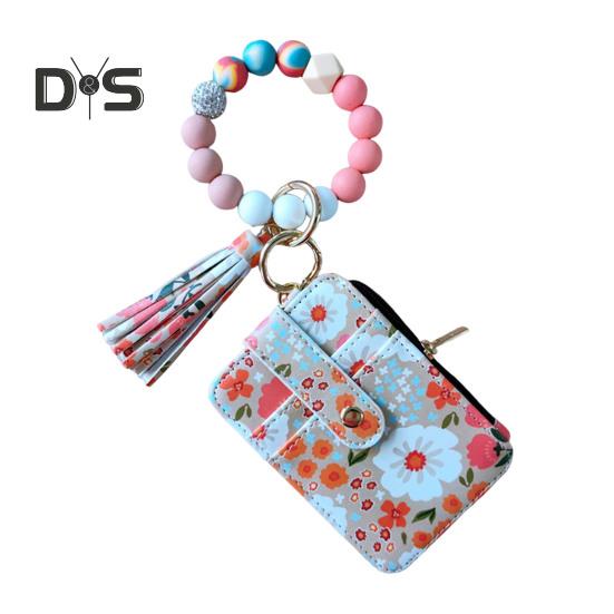 Damen-Geldbörse mit Blumenmuster, Boho-Stil, Münzbörse, Schlüsselanhänger mit Quaste, elastischer Armband-Geldbörse mit Perlen und Sichtfenster für Ausweise, zum Einkaufen, Reisen, Alltag