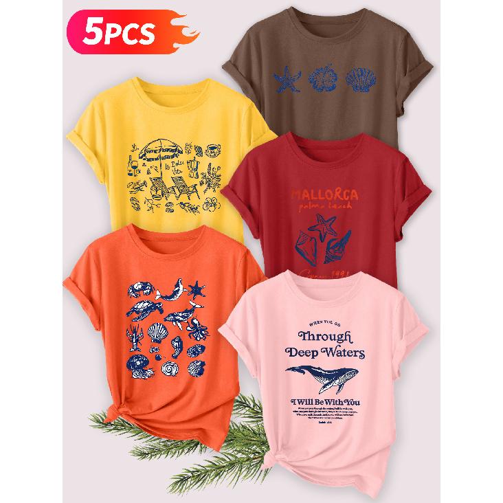 Five-piece set Elegant short-sleeved shirt for women Beach vacation series printed round-neck women's short-sleeve shirt suitable for spring and