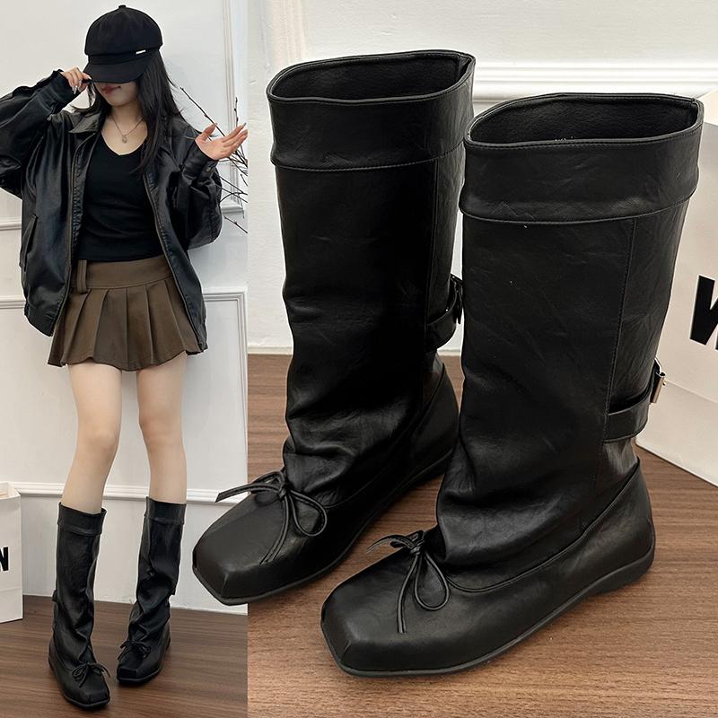 New Style Women's High Boots Round Toe Butterfly-Knot Decoration Solid Color Slip on Mary Jane Loose Mid-Calf Boots Female