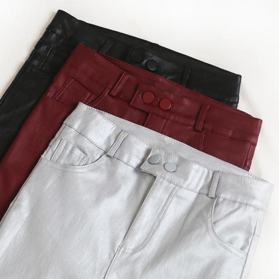 Artificial Leather Leggings High Waist Button Closure Matte Elastic Pencil Pants with Pockets Solid