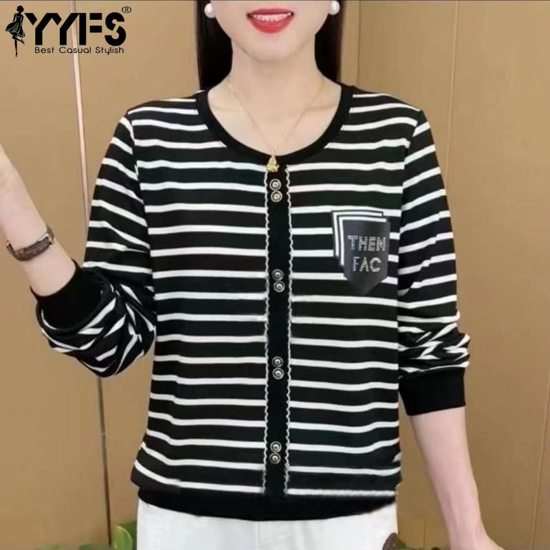 YYFS Women's Fashion Casual Spring Autumn Stripe Print Long Sleeve O-Neck Blouses & Shirts