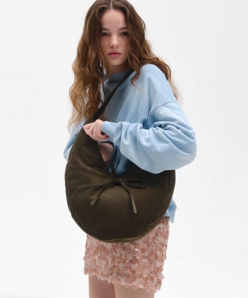 Bowtique Crescent Suede Hobo Bag_Khaki