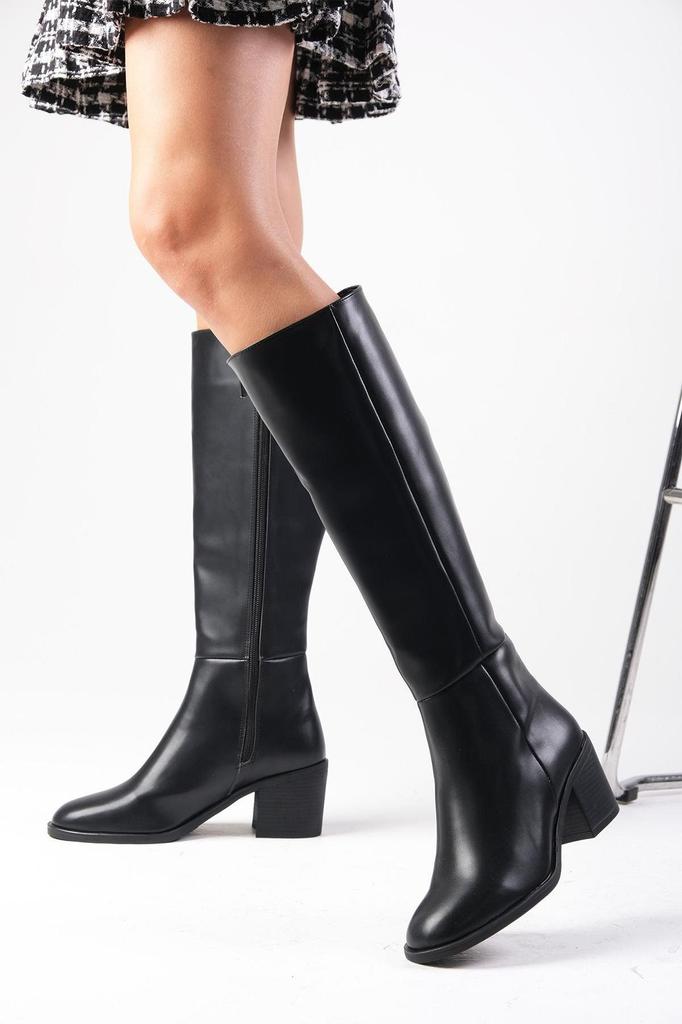 Women Modern Stylish Fashion Boots Boots Faux Leather Albertine Black Color Zipper Thin Faux Fur Lined Thick Heel Boots