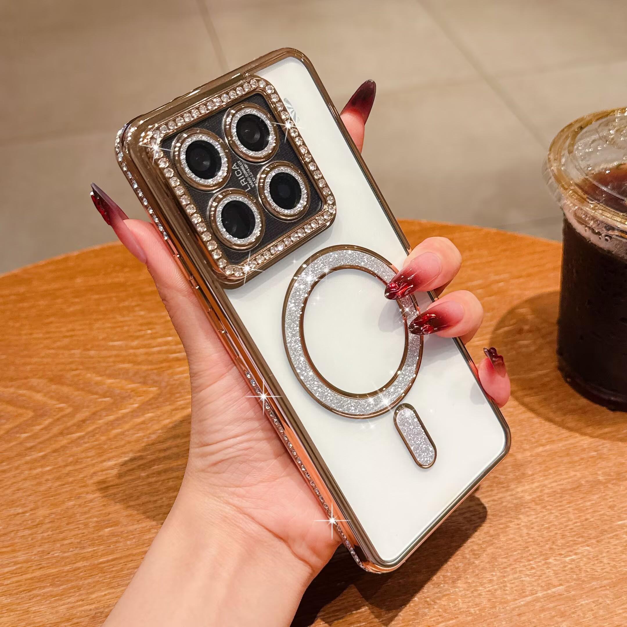 

Прозрачный чехол с кристаллами для Redmi Note 14 pro plus 5G Xiaomi 14T Pro Magsafe Магнитная беспроводная зарядка Защитная пленка для объектива Redmi Note 14 5G золотой