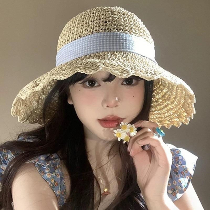 Hyunya Wind Colored Wood Beads Straw Hat Women's Summer Hollow Big Brim Sunshade Sunscreen Hat Foldable Fisherman Hat Tide