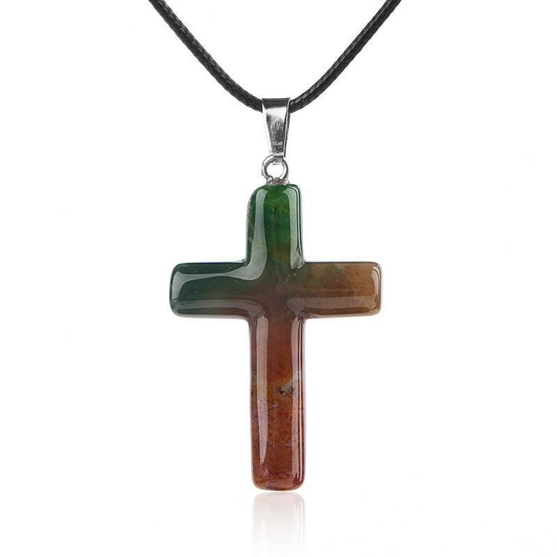 1Pc Handmade Carved Cross Natural Stone Pendant Necklace For Women Men Healing Chakra Crystal Charms Choker Jewelry
