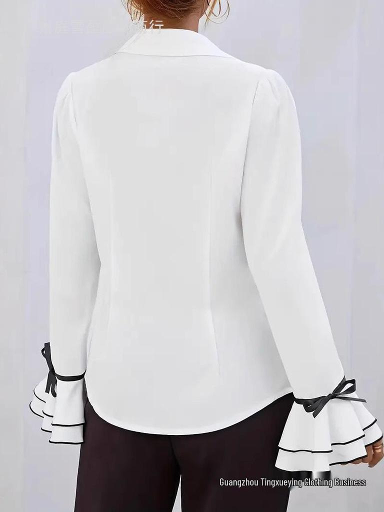 2026 European & American Women's Solid Color Ruffle Flare Sleeve Shirt