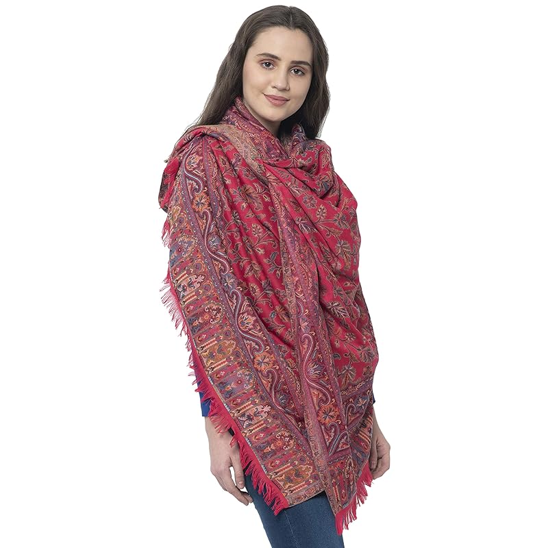 Weavers Villa Women's Pashmina Wool Kani Weave Shawls, Wraps Pink, 100cm X 200cm