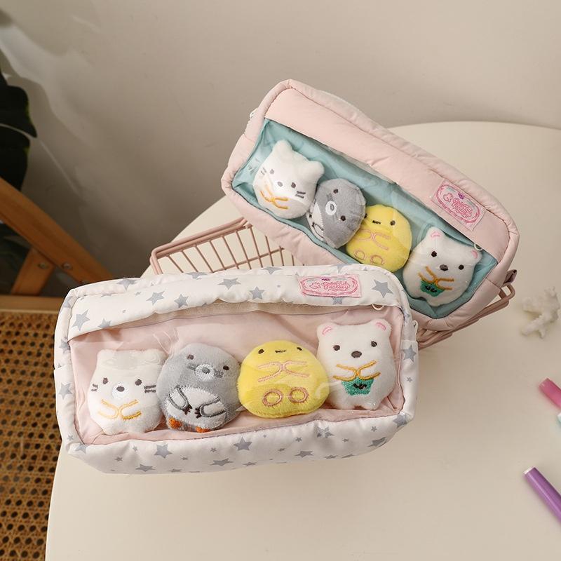 Cute Sweet Large Capacity Padded Transparent Pencil Case With 4 Doll Student Stationery Pen Bag Girly Cosmetic Storage Bag Gifts