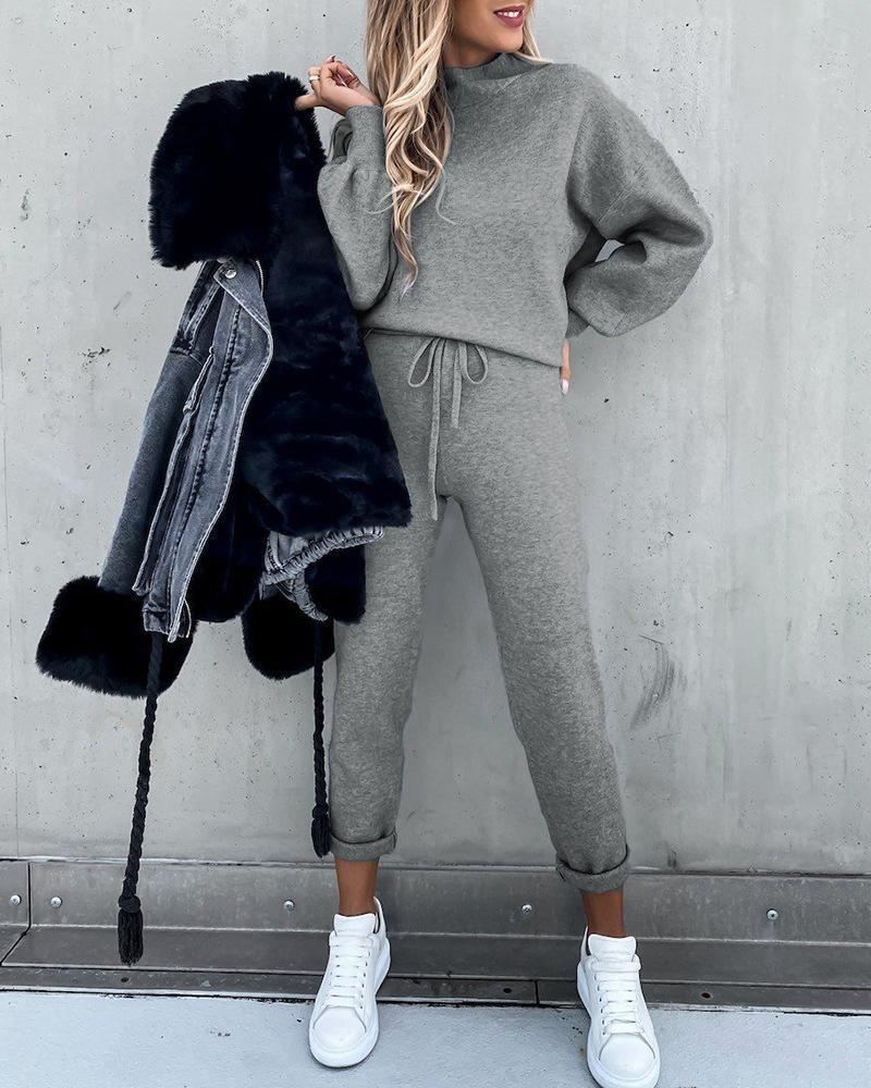 Women's High Neck Long Sleeve Pocket Trousers Two-Piece Set - Casual Autumn Winter Hoodie