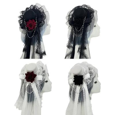 Creative Rose Flower Hairpin Top Hat Chain Headwear Gothic Sweet Halloween Party Gift Cosplay Costume Decoration