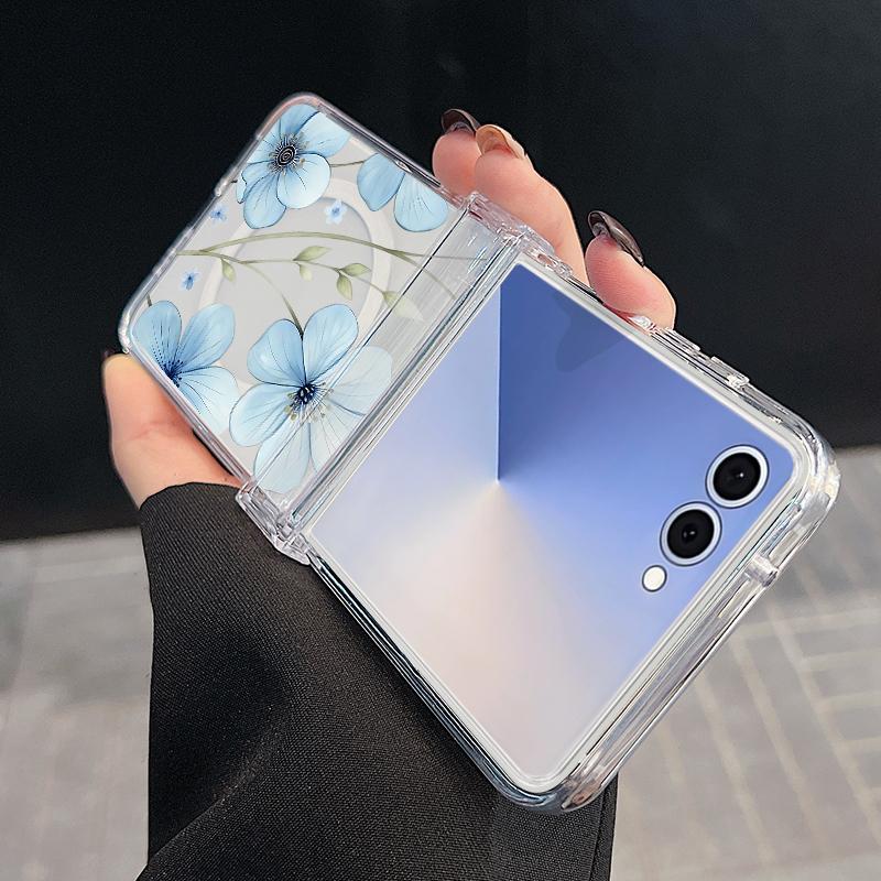 For Samsung Z Flip 7 6 5 4 Case Magnetic For Magsafe Blue and White Flowers Hinged Hard PC Folding Cover For Galaxy Z Flip7 Flip6 Flip5