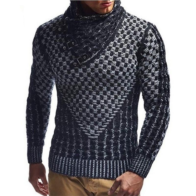 High-Necked European And American Men'S Tops, Scarf, Leather Buckle Neck, Pullover, Knitted Sweater, Casual Sweater