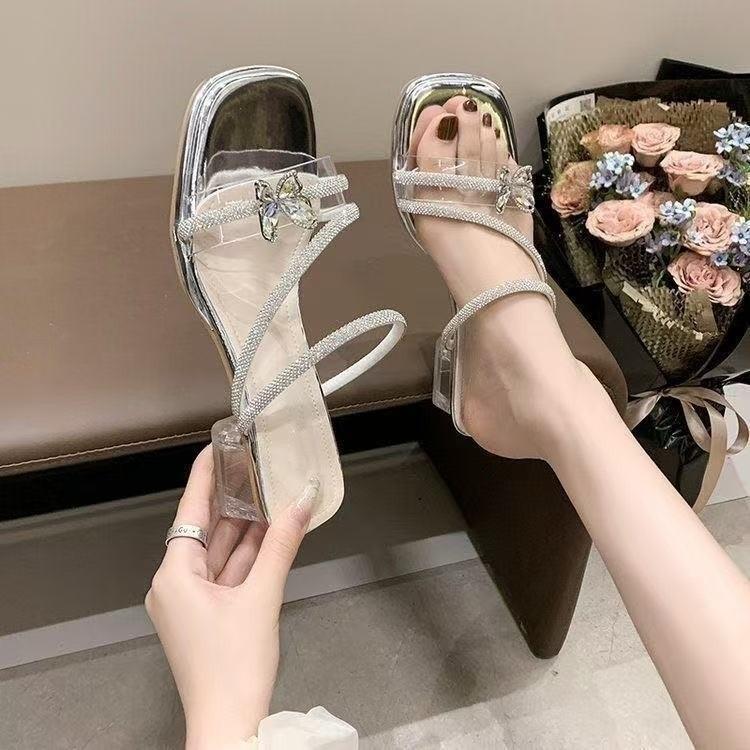 

Французские туфли на толстом каблуке, женская летняя одежда 2025 года, новые босоножки на высоком каблуке со стразами и бантом в стиле феи 40 серебряный