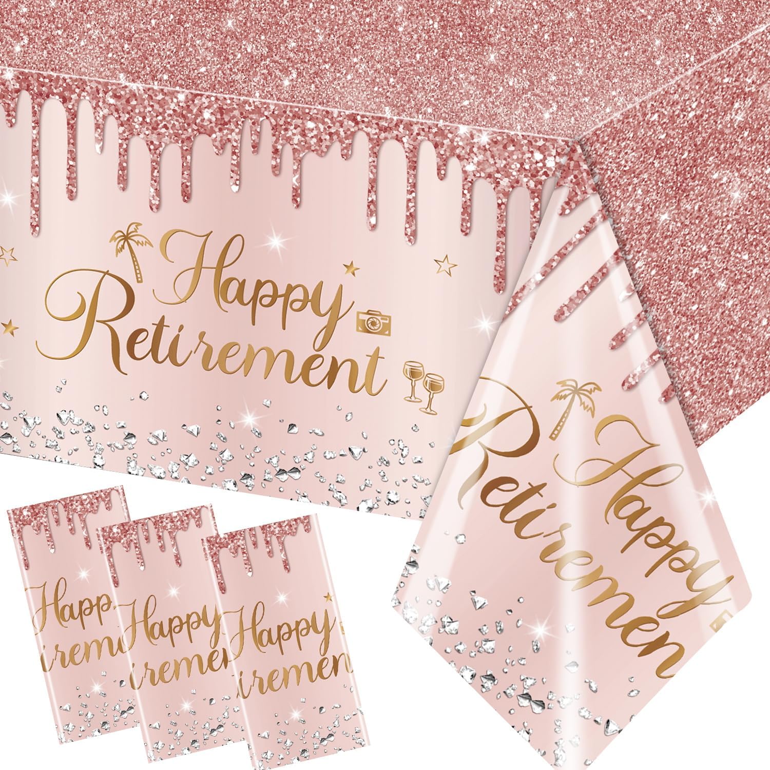Pink Retirement Party Decorations-3pcs Happy Retirement Tablecloths Rose Gold Table Cover for Woman Men Table Cloths Party Favors