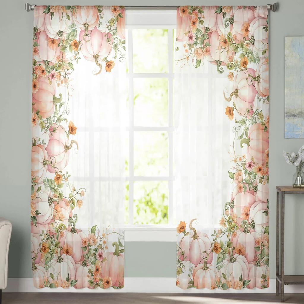 Thanksgiving Pumpkin Autumn Sheer Curtains for Bedroom Living Room Voile Window Curtains Tulle Curtains for Kids Room