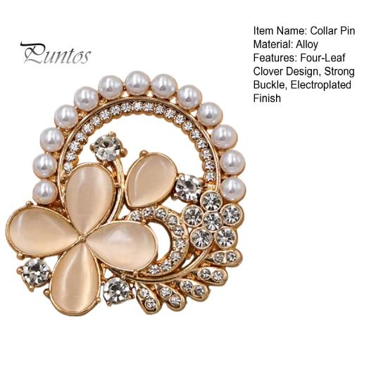 Shirt Collar Clip Solid Alloy Pin, Four-Leaf Clover Center Shape Brooch Pin with Metal Faux Opal, Electroplated Anti-Oxidation Fastener for