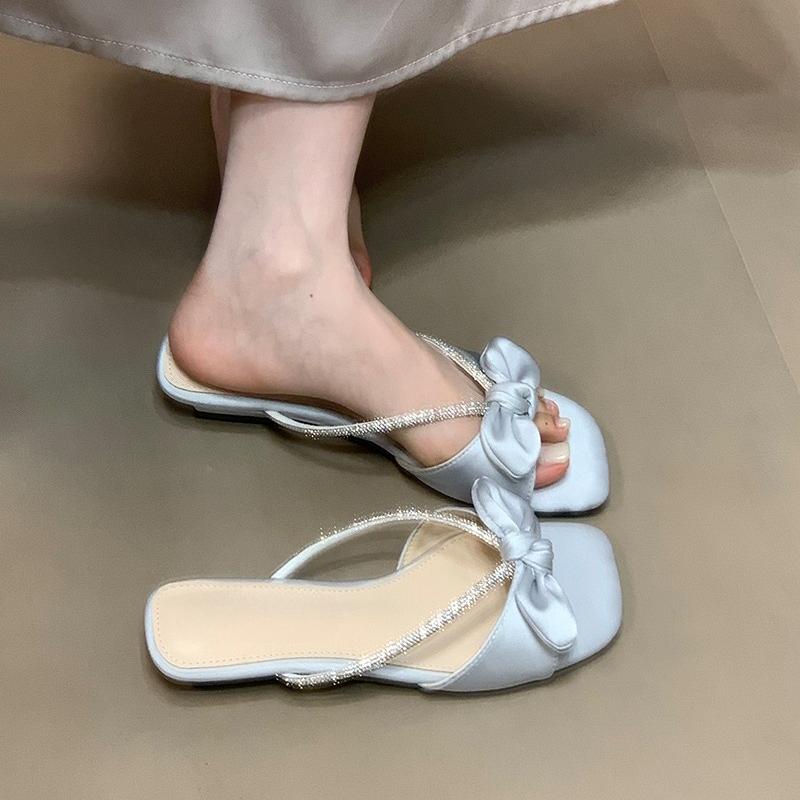 

Fashion Block Heel Temperament Rhinestone Slipper Outer Wear Summer Square Toe Open Toe Bow Non-Slip Wear-Resistant Sandals 40