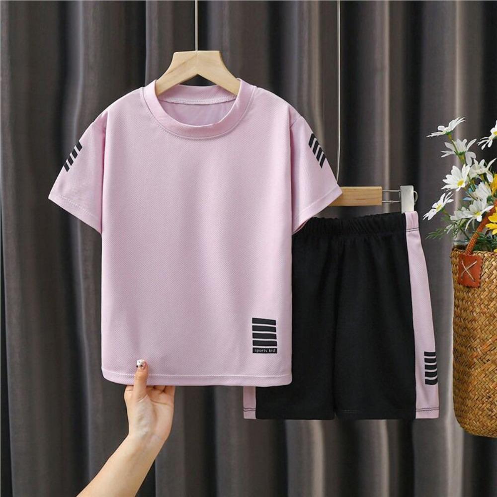 

Children s breathable sports suit summer lightweight short sleeved T-shirt shorts men s and women s quick drying casual two-piece set 140