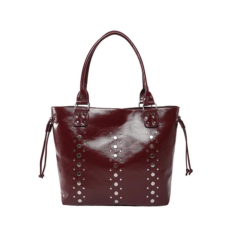 Fashion Large Capacity Rivets Solid PU Design Tote Bags for Women 2026 New Stylish Versatile Popular Commute Style Shoulder Bags