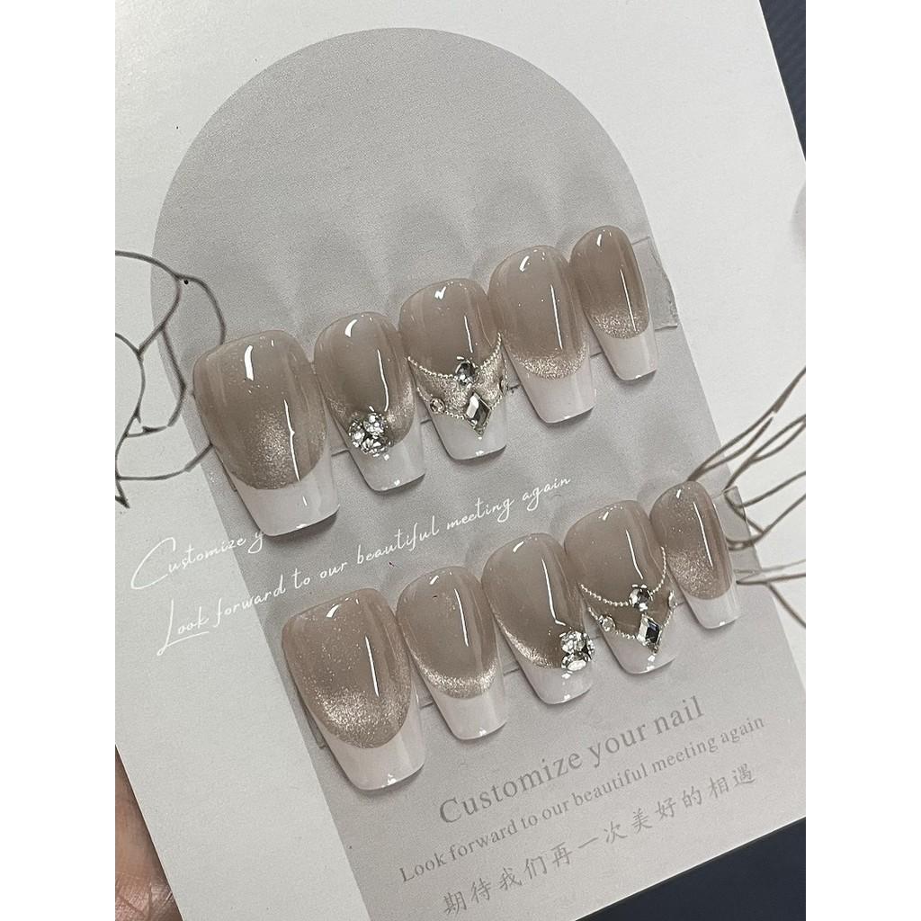 HANDMADE Artificial Nail French Cat's Eye Diamond Necklace Phototherapy Nails Fake Nails Reusable and Removable Nails