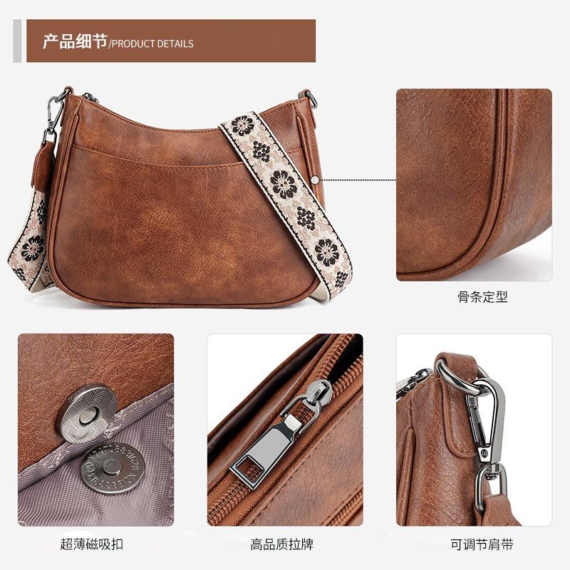 New women's retro PU shoulder bag solid color crescent bag webbing adjustable length messenger bag versatile shoulder bag