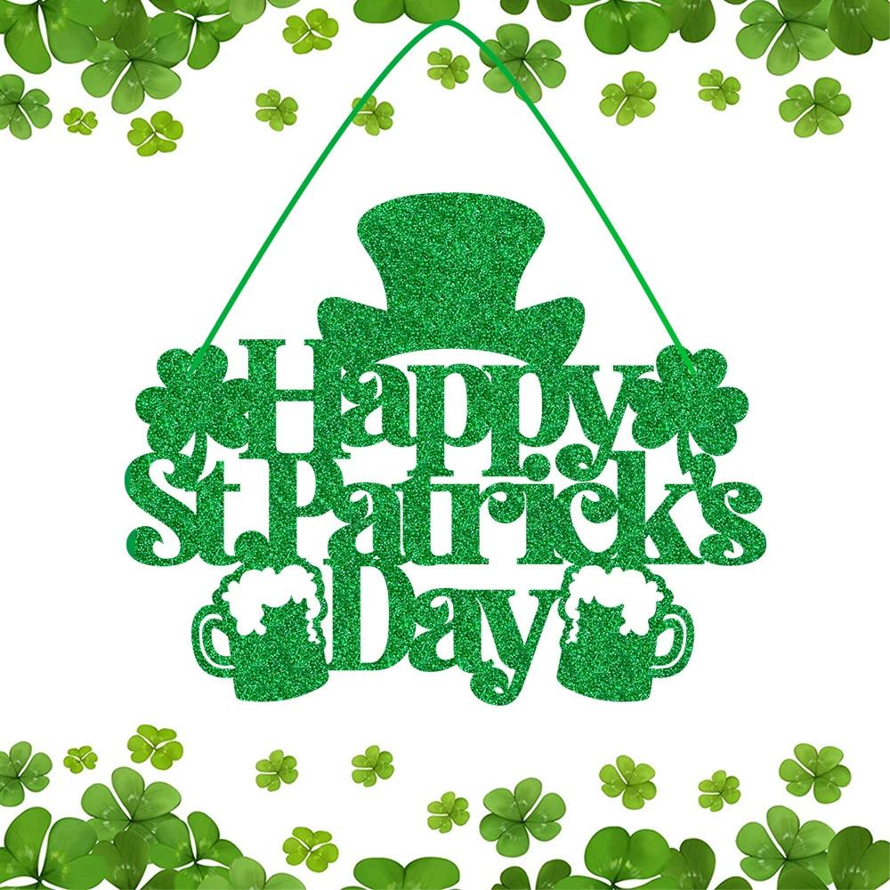 

Happy St. Patrick s Day Hanging Sign Glitter Green Shamrock Clover Door Wall Decor Lucky Irish Festival Party Home Decoration