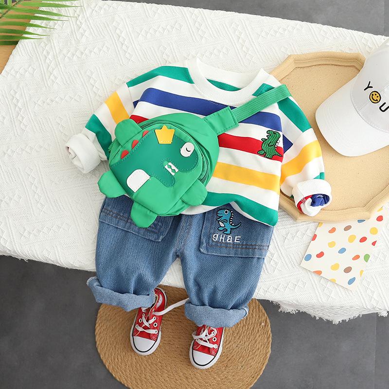 Children's Autumn Clothing Set for Boys and Girls Striped Round Neck Jeans Two-piece Set with Bag