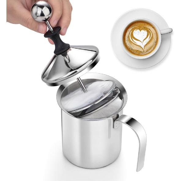 Stainless Steel Manual Milk Frother, Hand Pump Coffee Frother with Filter Screen for Cappuccino Coffee Latte Hot Chocolate (19oz/400ml) - Send Goods