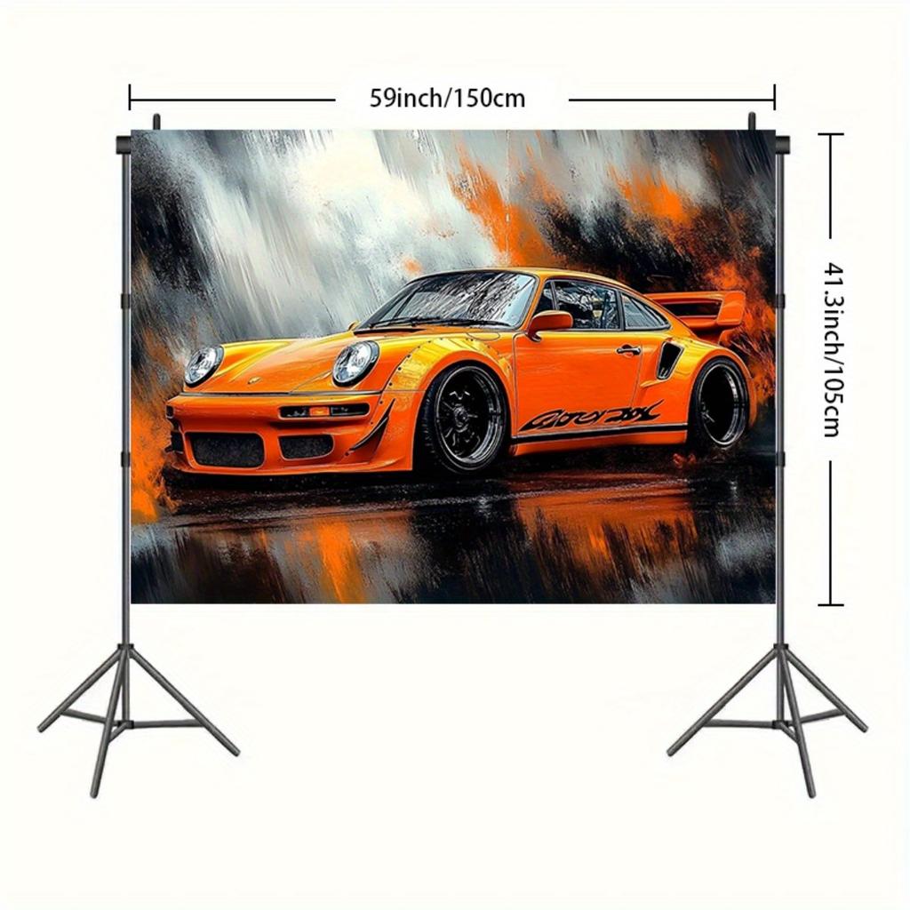 2D Plane a Single-piece Animated Orange Sports Car Background Banner Very Suitable for Photo Studios and Birthday Celebrations