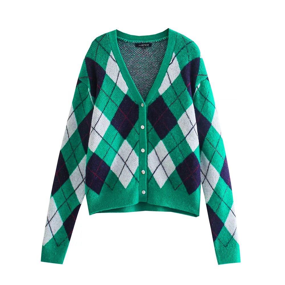 

2024 Winter Women s V-neck Plaid Cardigan - Simple, Loose, Knitted Fashion Medium