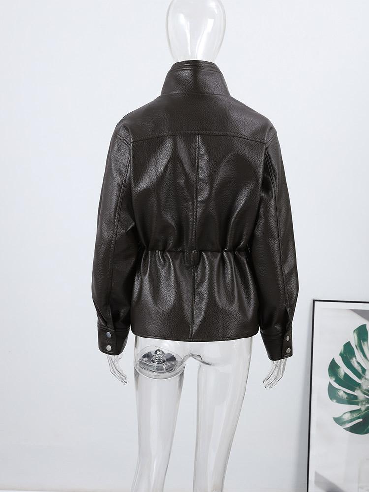 Ladies' Waist Cinched Lapel Leather Jacket Women's Brown Zipper Leather Jacket Windproof Jacket Fashion Style Autumn and Winter