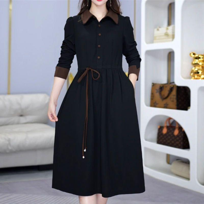 

Весна 2025 Женское Приталенное Платье Миди с Поло-Воротником на Завязках, Цветной Блок - Стиль Легкой Роскоши L: 100-115 lbs