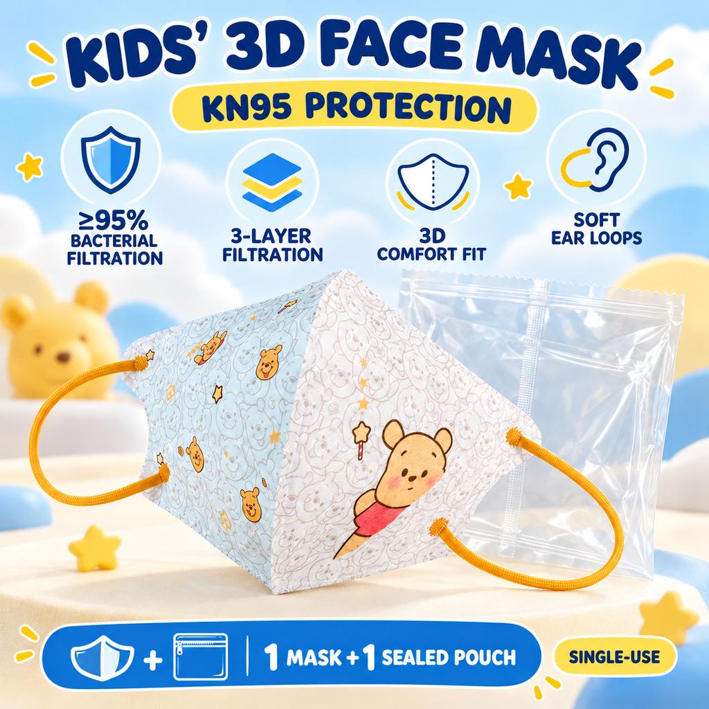 Kids 3D Face Mask KN95 Ear Loop 3-Layer Filtration Individually Sealed