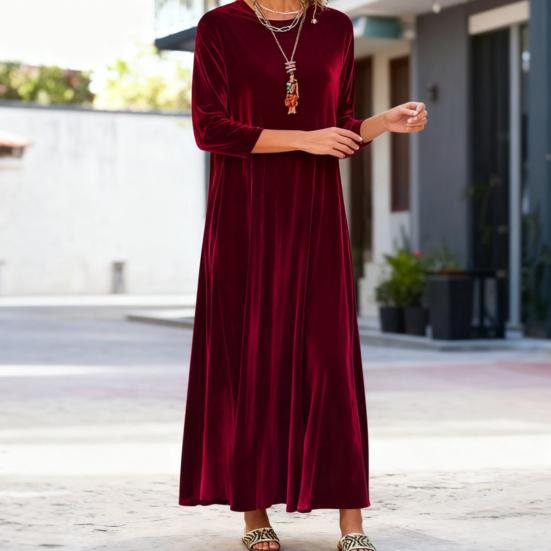Damen Samtkleid Herbst Freizeit Rundhals Langarm Maxi Kleid Locker Hochzeitsgast Cocktail Abendkleid