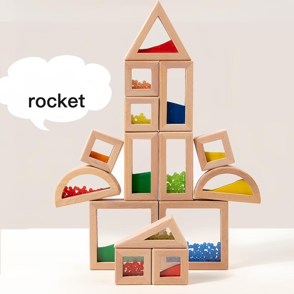 Sensory Wooden Building Blocks Set 15/23pcs Acrylic Rainbow Construction Toys, Made of Beechwood, Perfect for STEM Learning Gifts,Christmas