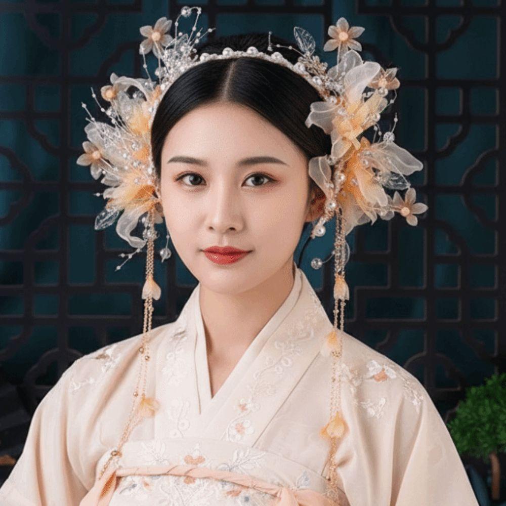 Flower Chinese Ancient Hairband Beads Swaying Fairy Headwear Hanfu Tassel Hair Hoop Wedding Photos