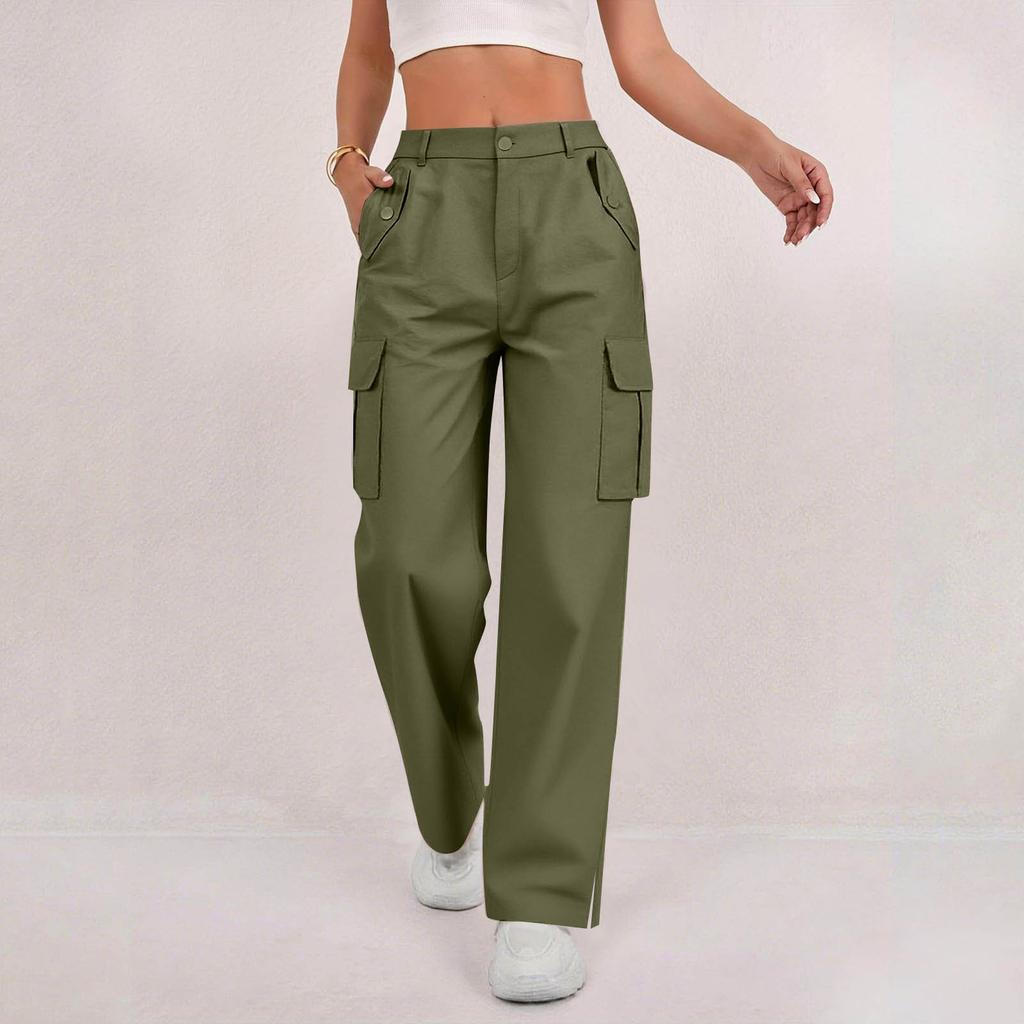 Women's Fashion Relaxed-Fit Pocket Straight-Leg Pants Sporty Wide-Leg Pants High-Waisted Casual Cropped Pants